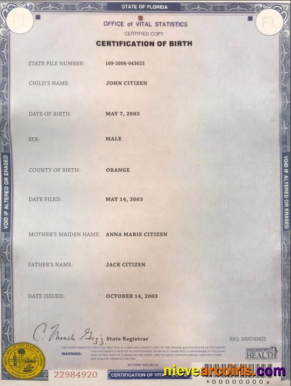 USA Florida state birth certificate